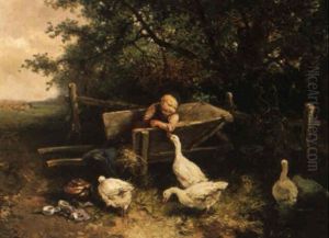 A Summer Landscape With A Child In A Wheelbarrow Watching Geese by Mari ten Kate