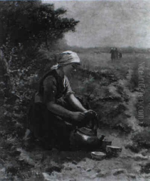 Junge Frau Auf Dem Feld Mit Einem Kupferkessel - view 1