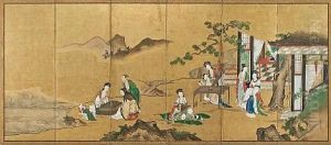 Chinese Scholars And Beauties (on 6 Panel Screen)