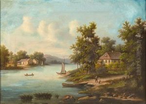 Sommerliche Schweizer Flusslandschaft Mit Landlichem Anwesen Und Booten Sowie Kleiner Furt
