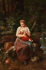 Woodland Scene With A Young Mother Breast-feeding Her Child by Louis Katzenstein