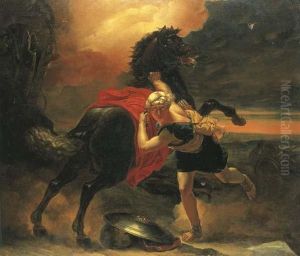 A Turbanned Soldier Steadying A Rearing Horse Frightened By Athunder Storm