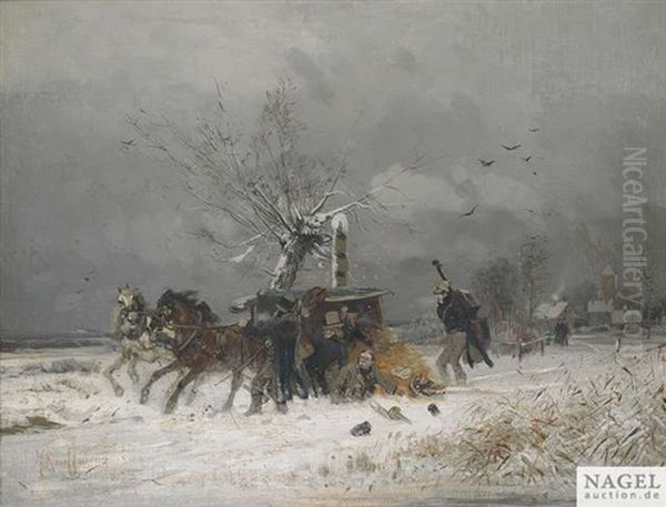 Kunstlerpech. Unfall Einer Reisekutsche Mit Musikern In Winterlicher Landschaft - view 1
