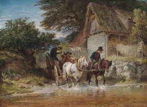 Bauernkutsche Beim Durchqueren Einer Furt