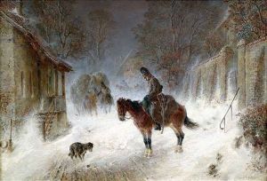 Berittene Soldaten An Einem Winterlichen Gehoft