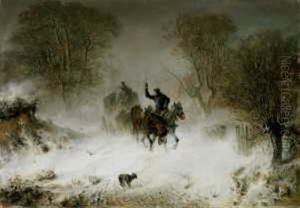Der Vorspann. Winterlandschaft Mit Von Sechs Pferden Gezogener Postkutsche by Hermann Kauffmann the Elder