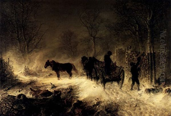 A Winter Landscape With Figures Loading Firewood Onto A Cart - view 1