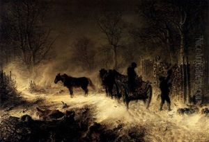 A Winter Landscape With Figures Loading Firewood Onto A Cart