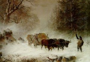 Oxen Pulling A Log Wagon Through The Snow by Hermann Kauffmann the Elder