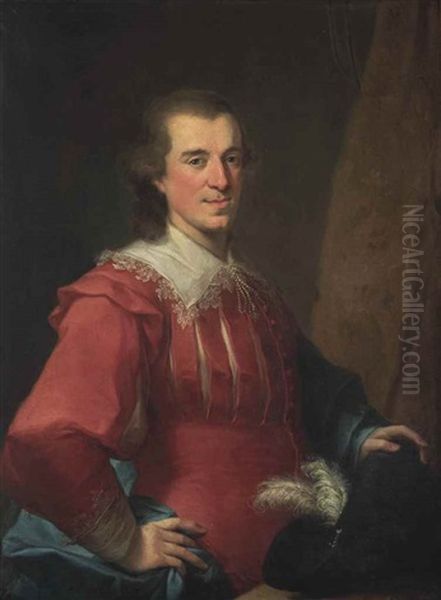 Portrait Of A Gentleman, Half-length, In A Red Slashed Doublet, His Left Hand On A Plumed Hat - view 1