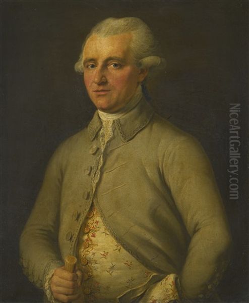 Portrait Of A Gentleman, Believed To Be James Money, Half-length, Wearing A Brocade Waistcoat, Lace Cravat And Green Coat, Holding A Cane In His Right Hand - view 1
