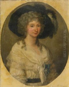 Portrait Of Baroness Von Bauer, Half Length, Wearing A White, Lace Dress And A Black Hat by Angelika Kauffmann