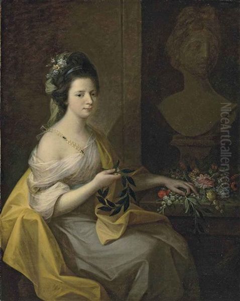 Portrait Of Lady (elizabeth Muncaster, Nee Dale?), In A Dress With A Pearl Clasp And A Yellow Mantle, Flowers In Her Hair, Holding A Laurel Wreath, Before A Bust Of The Apollo Belvedere - view 1