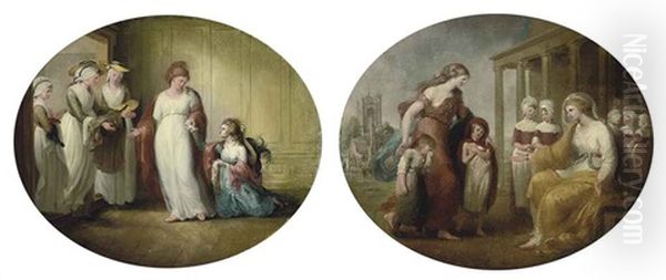 Female Figures In An Interior (+ A Lady In Classical Dress Presenting Two Children, A Temple Beyond; Pair) - view 1