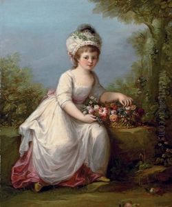 Portrait Of A Young Girl Seated In A White Dress With A Basket Of Flowers, In A Landscape