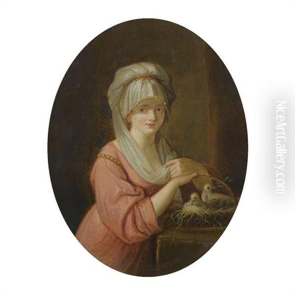 A Young Lady Holding A Basket Of Doves - view 1