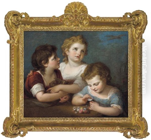 Drei Kinder Mit Zwei Vogeln Und Bluten: Allegorie Des Fruhlings - view 1