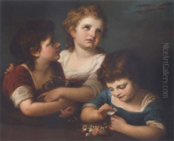 Children With A Bird's Nest And Flowers - view 1