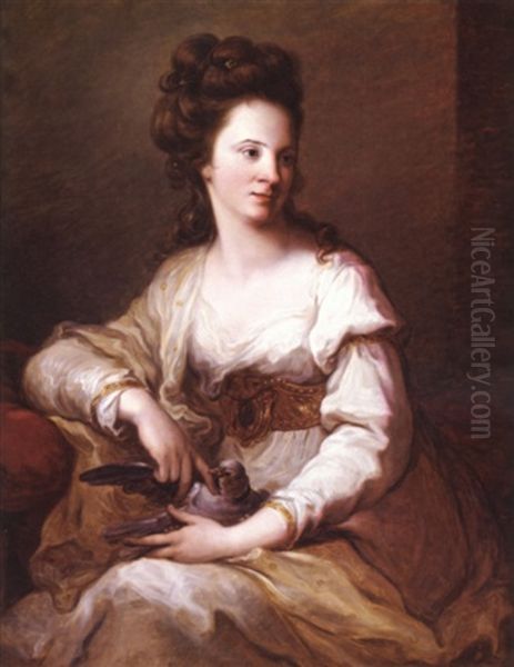 Portrait Of A Lady In A White Dress Holding A Dove - view 1