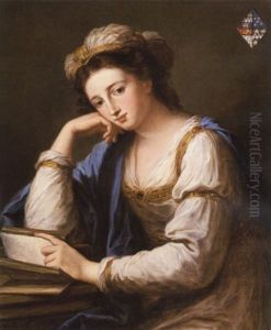 Portrait Of Lady Louisa Dorothea Holroyd Seated At Her Desk, Wearing A White Dress With Bold Brocade And Blue Robes, Holding A Book