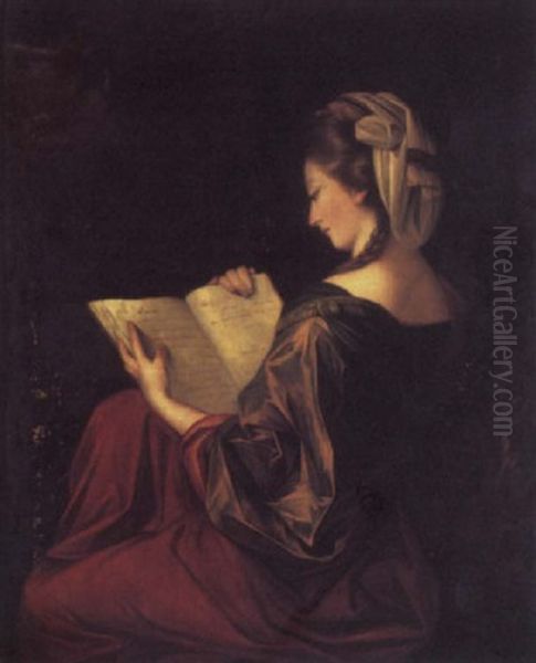Portrait Of A Lady In A Red Dress And Green Velvet Top, Holding A Book, Sitting In A Landscape - view 1