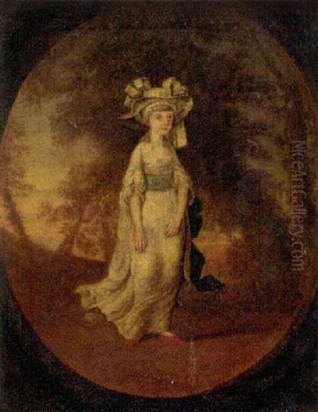 Portrait Of A Girl In A White Dress With Blue Sash, In A Landscape - view 1