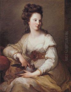 Portrait Of A Lady In A White Dress, Holding A Dove by Angelika Kauffmann