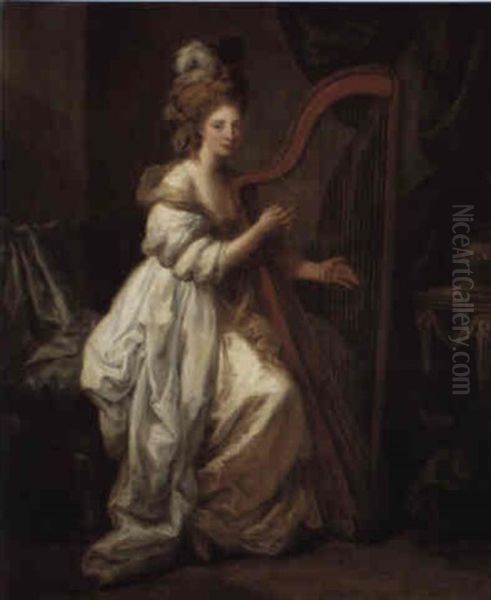 Portrait Of Elizabeth Ewer, Playing A Harp In An Interior - view 1