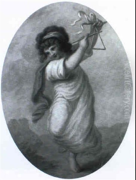 A Young Girl In A White Dress And A Green Scarf, Dancing And Playing A Triangle In A Landscape [oval Shaped - view 1