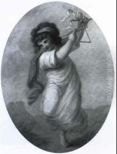 A Young Girl In A White Dress And A Green Scarf, Dancing And Playing A Triangle In A Landscape [oval Shaped