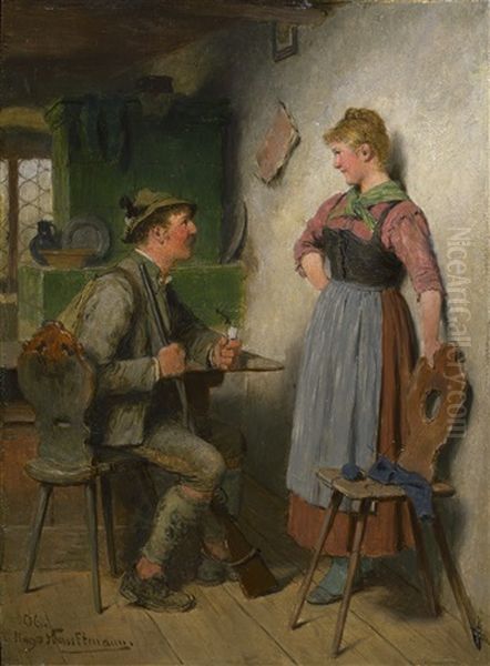 Junger Jagersbursche Und Madchen In Der Stube: Waidmannsheil - view 1