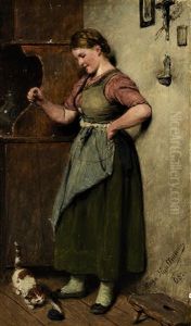 Dirndl Beim Spielen Mit Einer Katze by Hugo Kauffmann