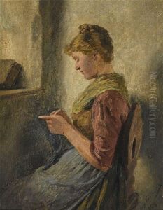 Junge Frau Mit Strickzeug Am Fenster by Hugo Kauffmann