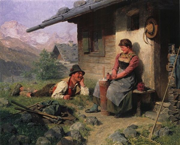 Madel Und Bursch Vor Der Almhutte - view 1