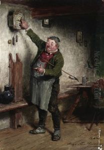 In Der Guten Stube. Ein Pfeiferraucher Beim Stellen Einer Wanduhr