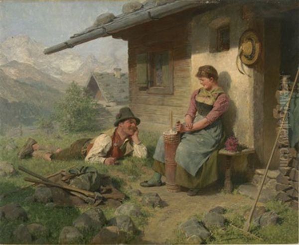 Madel Und Liegender Bursch Vor Der Almhutte - view 1