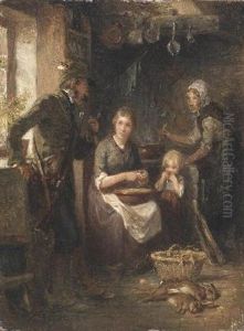 Heimkehr Von Der Jagd. Die Familie Lauscht Aufmerksam Den Erzahlungen Des Vaters In Der Kuche by Hugo Kauffmann