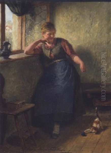 Madel Mit Katze Am Fenster - view 1