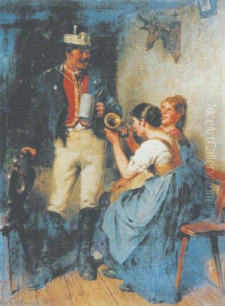 Der Postbote Beim Schwatz Mit Zwei Jungen Frauen - view 1