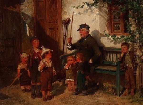 Der Alte Veteran Spielt Mit Seinen Enkeln Soldat - view 1