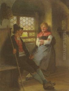 Bursche Und Dirndl Am Fenster Der Bauernstube by Hugo Kauffmann