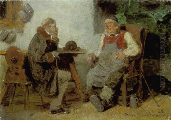 Schankwirt Und Sein Stammgast Am Tisch Im Gesprach - view 1