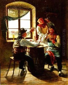 Interior Of A Tavern Scene And Three Men In Card Scene by Hugo Kauffmann