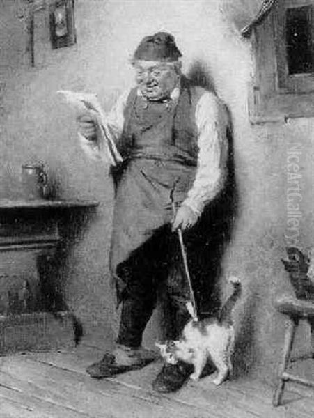 Zeitungslesender Bauernwirt, Eine Katze Neckend - view 1