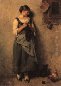Strickendes Madchen Mit Katzen by Hugo Kauffmann