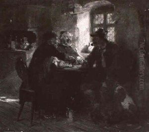 Drei Manner Am Stammtisch In Der Bauernstube Am Fenster by Hugo Kauffmann