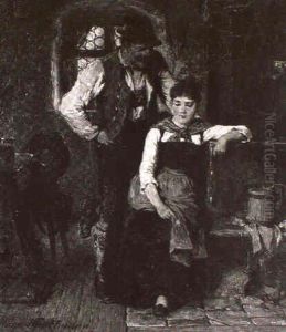 Bursch Und M,del Am Kachelofen In Der Bauernstube by Hugo Kauffmann