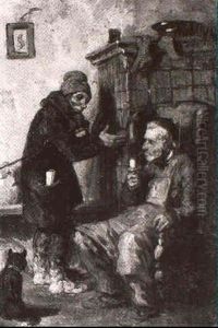 Am W,rmendem Kachelofen Sitzt Ein Greis Und Sein Kamerad by Hugo Kauffmann