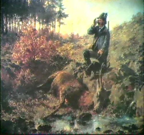 Ein Jager Sitzt Mit Seinem Hund An Einem Von Felsgeroll Umgebenen Bachlauf, An Dessen Ufer Der Erlegte Hirsch Liegt - view 1