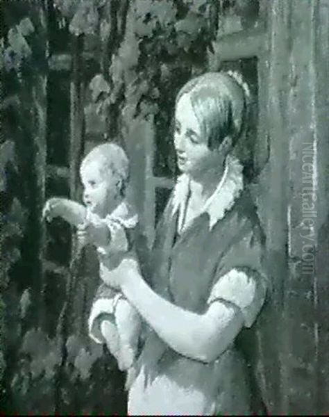 Frau Mit Kind Vor Weinlaubumrkter Hauswand - view 1